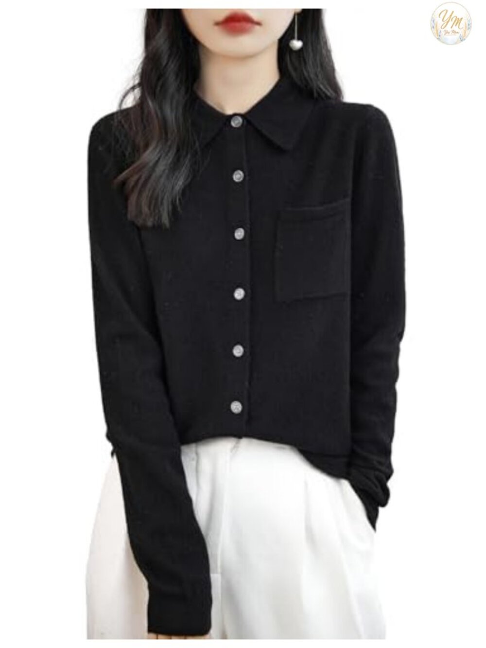 100% Merino Wool Cardigan Sweater Women Long Sleeve Polo Neck Lightweight Knit
